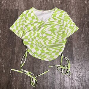 Romwe Shirt Size M Rouching Tie Smocked Psychedelic Groovy Checkered Print 70s